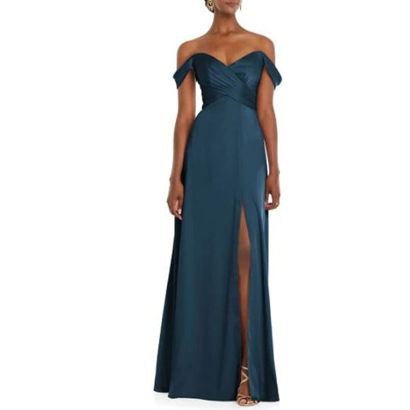 Dessy Collection 18 Off the Shoulder Flounce Sleeve Empire Waist Gown Slit NWT - Picture 1 of 7
